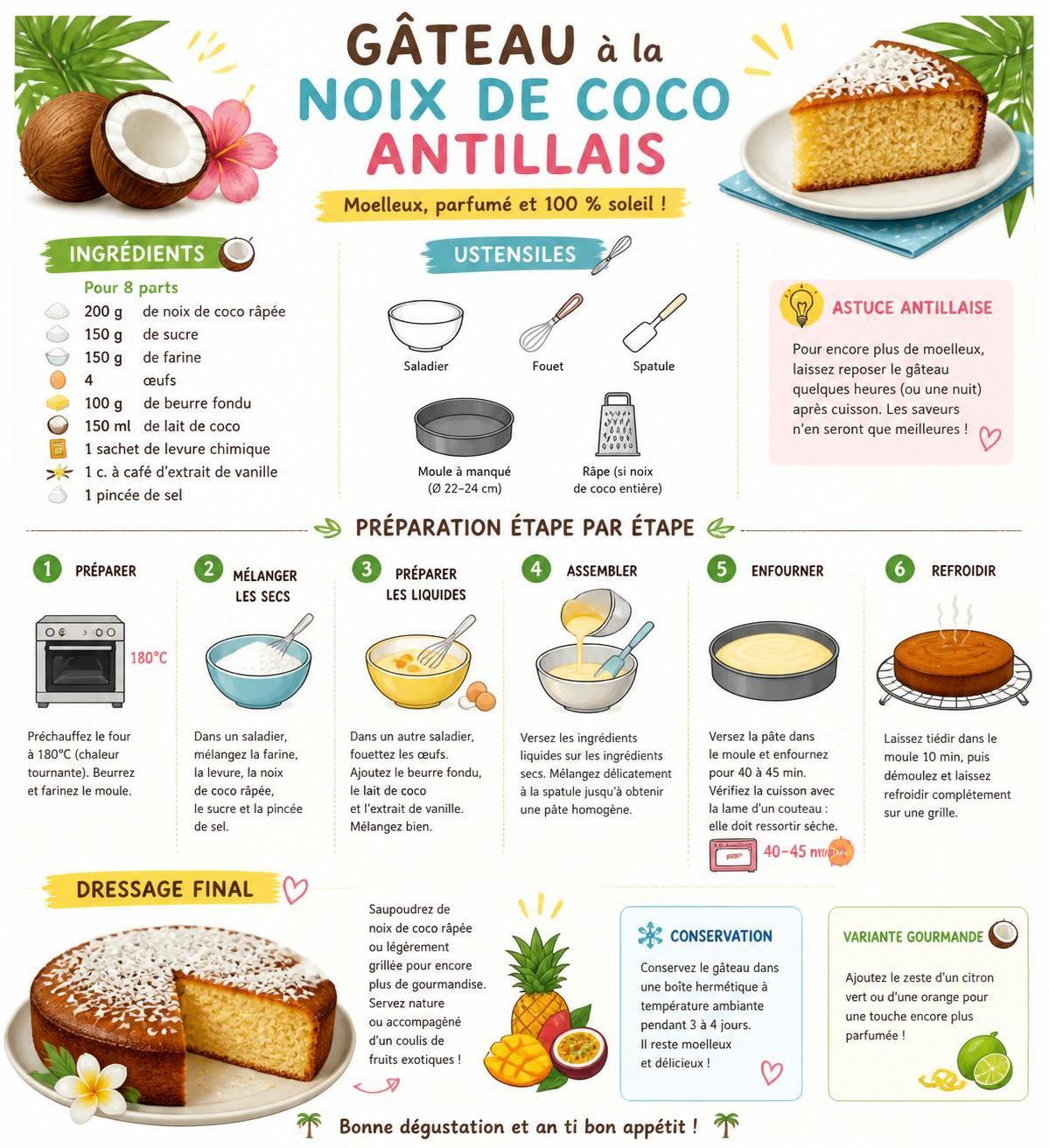 découvrez la recette antillaise du gâteau à la noix de coco moelleux, parfait pour un dimanche gourmand façon gloria. une douceur exotique facile à réaliser chez vous.