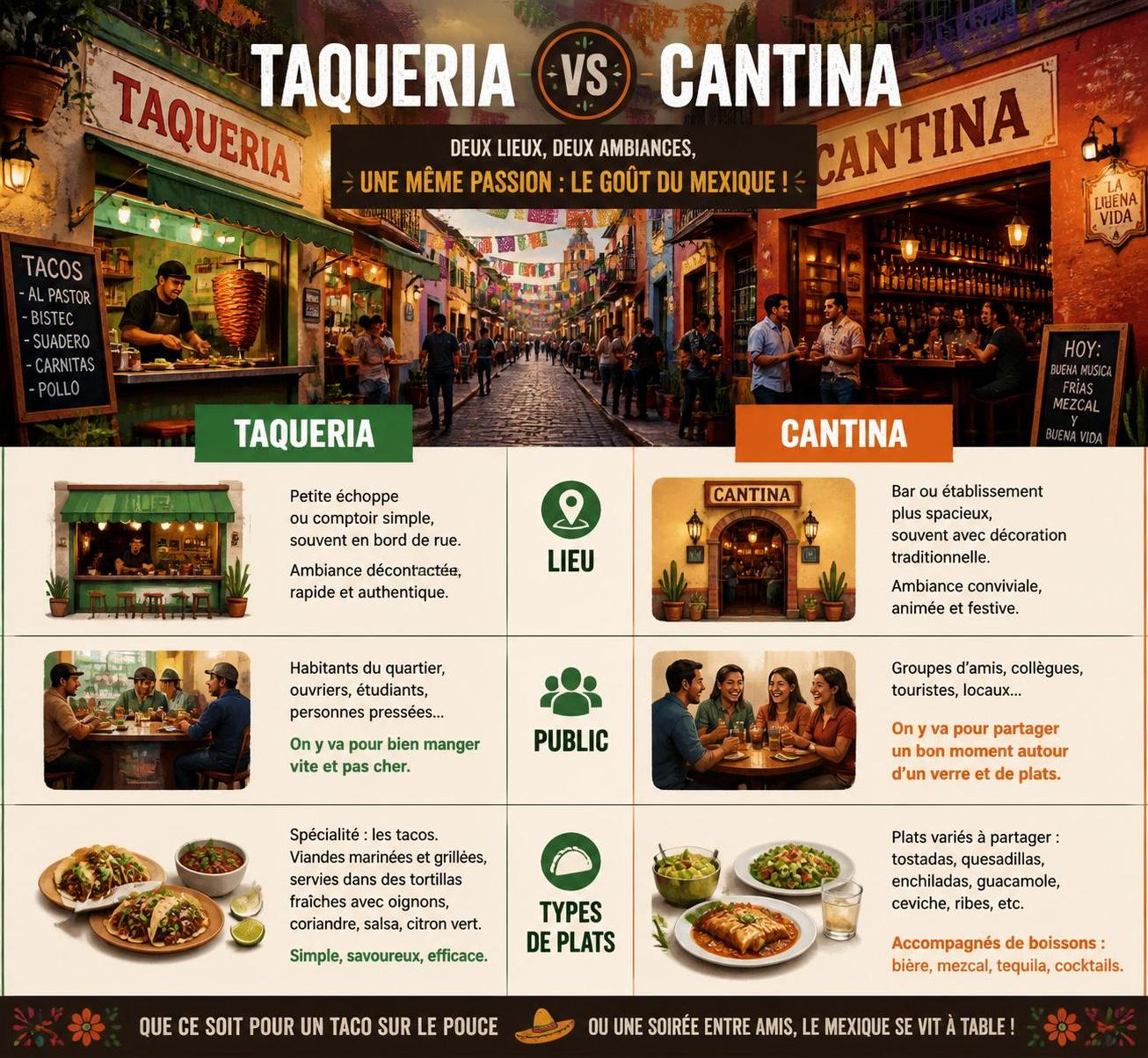 découvrez la différence entre taqueria et cantina, deux lieux emblématiques qui incarnent l'âme authentique de la rue mexicaine à travers saveurs et ambiance.