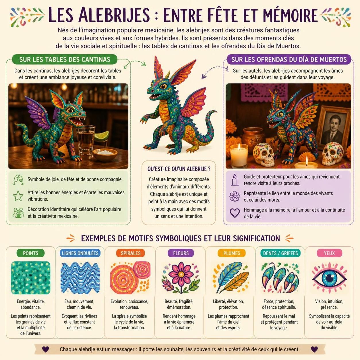 dĂ©couvrez l'univers vibrant des alebrijes mexicains, ces sculptures colorĂ©es qui embellissent les tables de la cantina et ornent les ofrendas du dĂa de muertos, un art traditionnel riche en symboles et en couleurs.