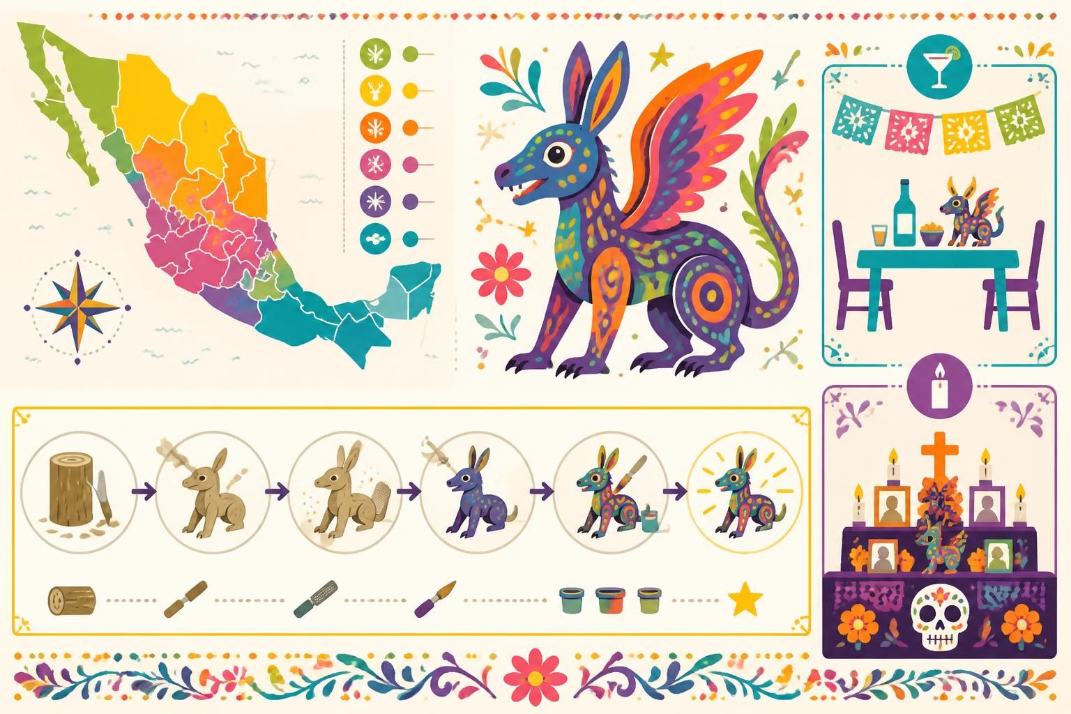 découvrez les alebrijes mexicains, ces sculptures colorées qui inspirent la décoration des tables de la cantina et des ofrendas du día de muertos, reflétant un art traditionnel vibrant et symbolique.