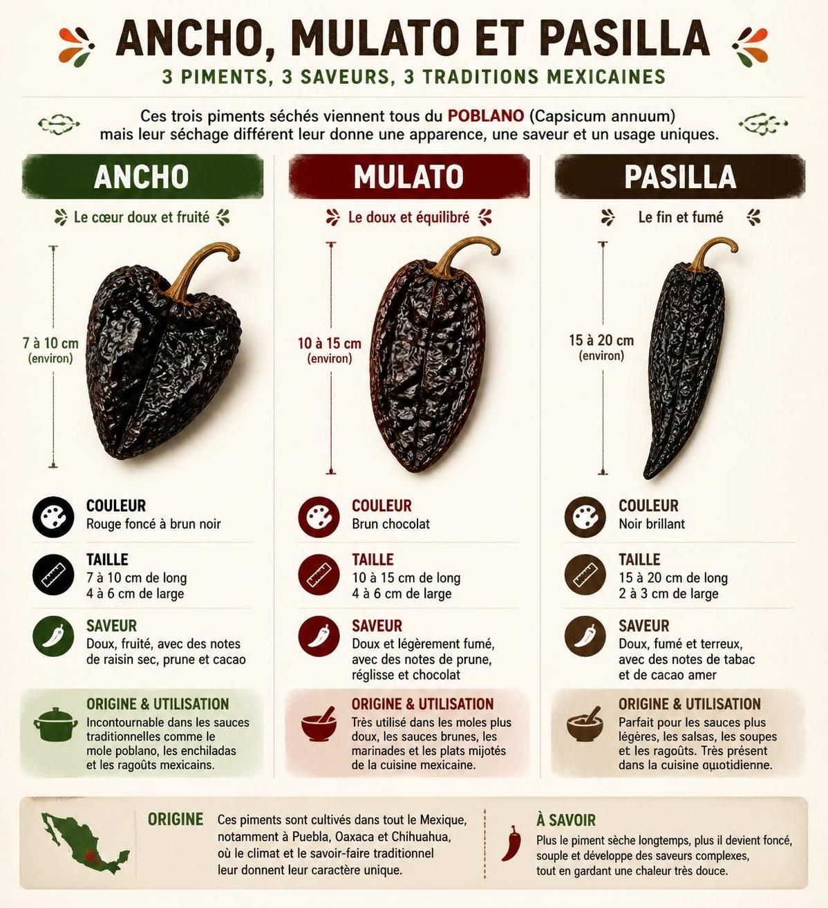 découvrez notre guide complet des piments séchés mexicains ancho, mulato et pasilla pour maîtriser leurs saveurs uniques et les utiliser avec confiance en cuisine.