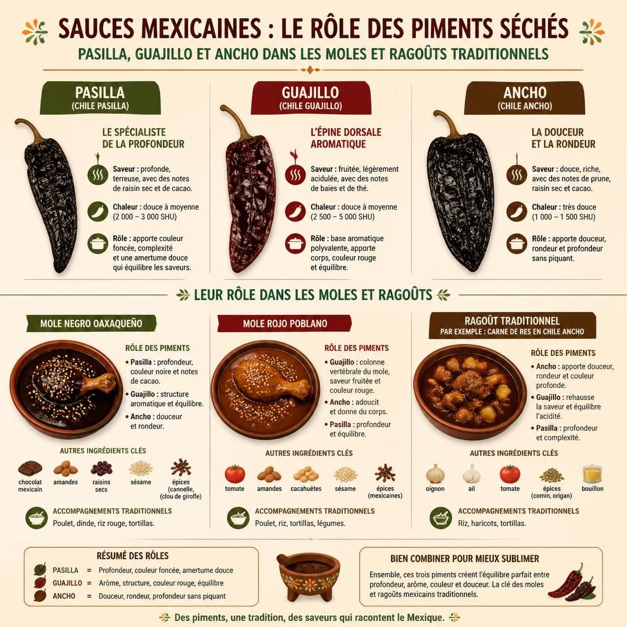 découvrez notre guide complet pour tout savoir sur les piments séchés mexicains comme l'ancho, le mulato et le pasilla, et apprenez à les utiliser facilement en cuisine.
