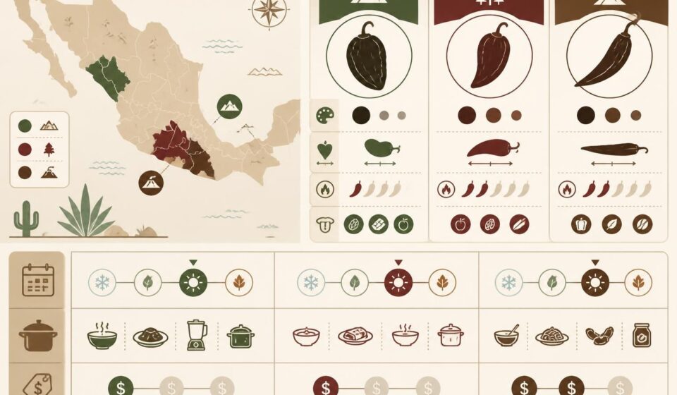 découvrez notre guide complet des piments séchés mexicains ancho, mulato et pasilla pour maîtriser leurs saveurs uniques et les utiliser avec justesse en cuisine.