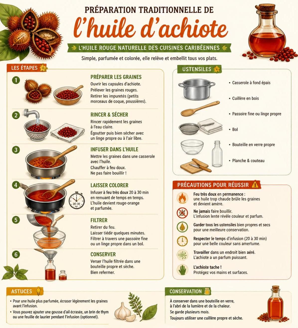 découvrez comment préparer et utiliser l'huile d'annatto (achiote) pour rehausser les saveurs authentiques des plats caribéens avec cette huile colorante et parfumée.