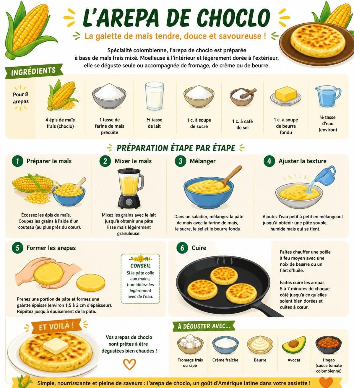 découvrez l'arepa de choclo, la délicieuse galette colombienne à base de maïs frais, parfaite pour se déguster facilement avec les doigts.