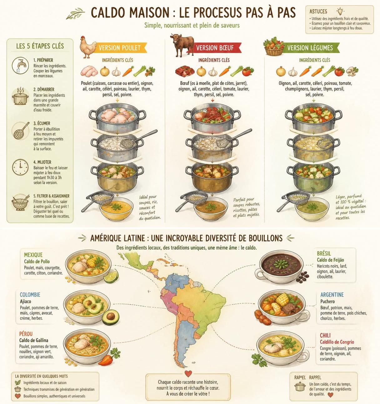 découvrez comment préparer un caldo maison, le bouillon de base incontournable des cuisines latines, avec 3 délicieuses versions faciles à réaliser.