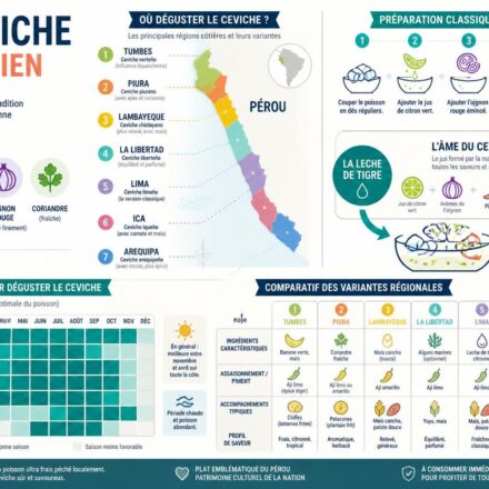 découvrez la recette classique du ceviche péruvien, maîtrisez la leche de tigre authentique et explorez les variantes régionales incontournables pour un voyage culinaire savoureux.