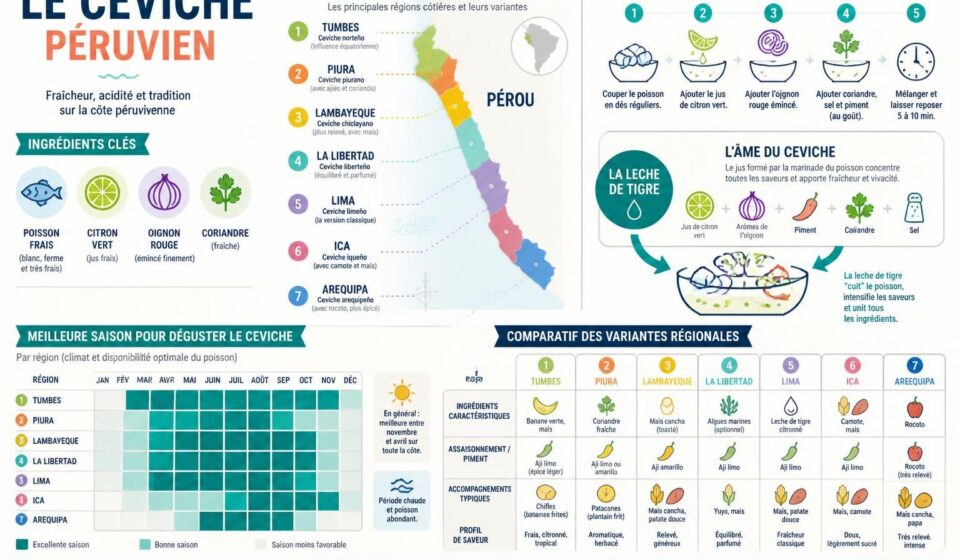 découvrez la recette classique du ceviche péruvien, maîtrisez la leche de tigre authentique et explorez les variantes régionales incontournables pour un voyage culinaire savoureux.