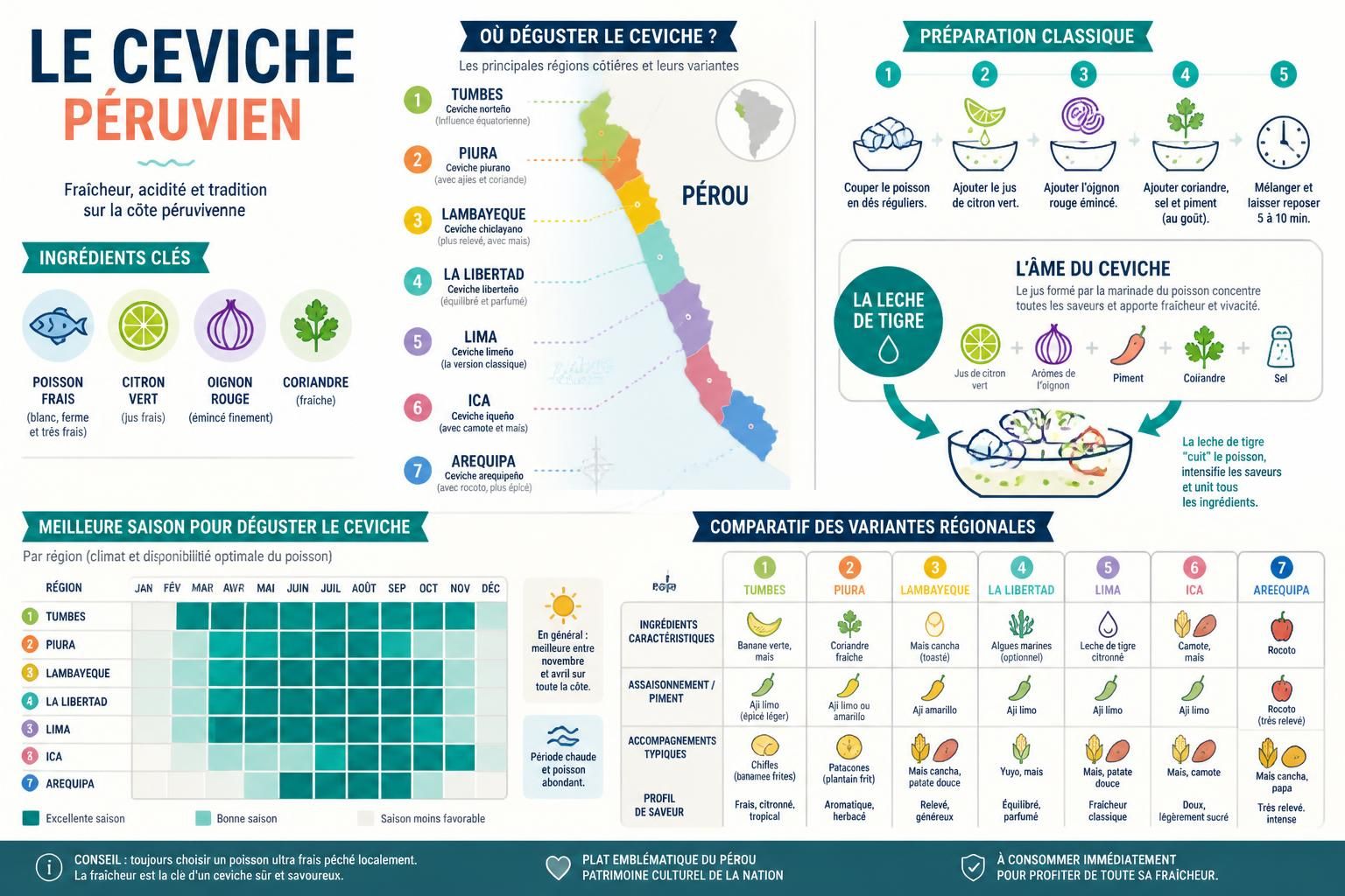 découvrez la recette classique du ceviche péruvien, maîtrisez la leche de tigre authentique et explorez les variantes régionales incontournables pour un voyage culinaire savoureux.