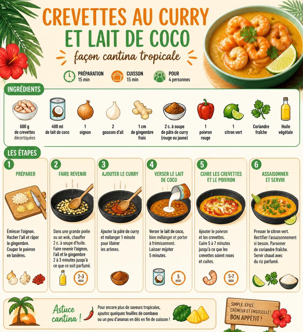 découvrez la recette express de crevettes au curry et lait de coco, une savoureuse préparation façon cantina tropicale pour un repas exotique et rapide.