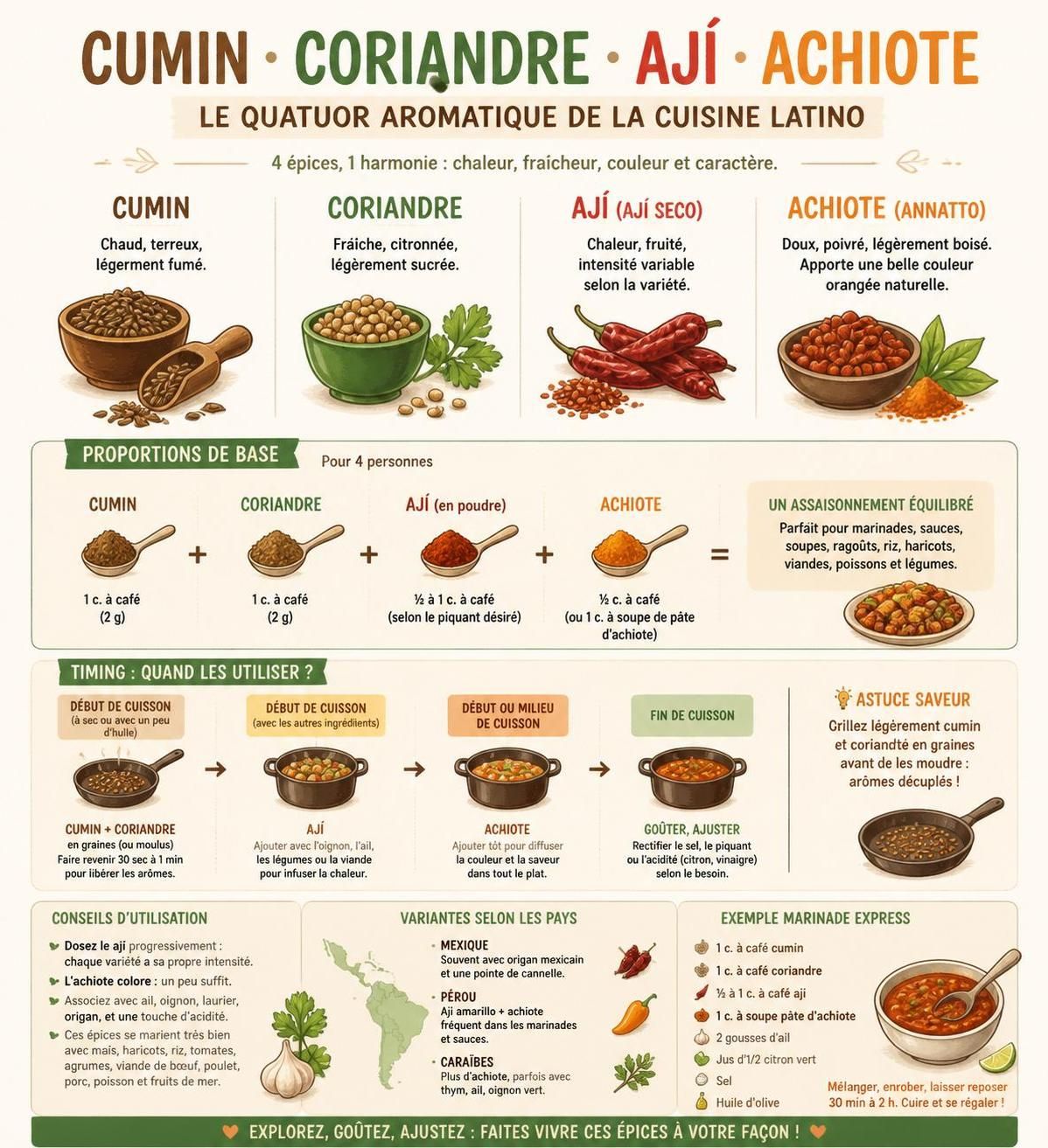 apprenez à doser parfaitement cumin, coriandre, ají et achiote pour sublimer vos plats sans les rendre trop épicés ou trop puissants.