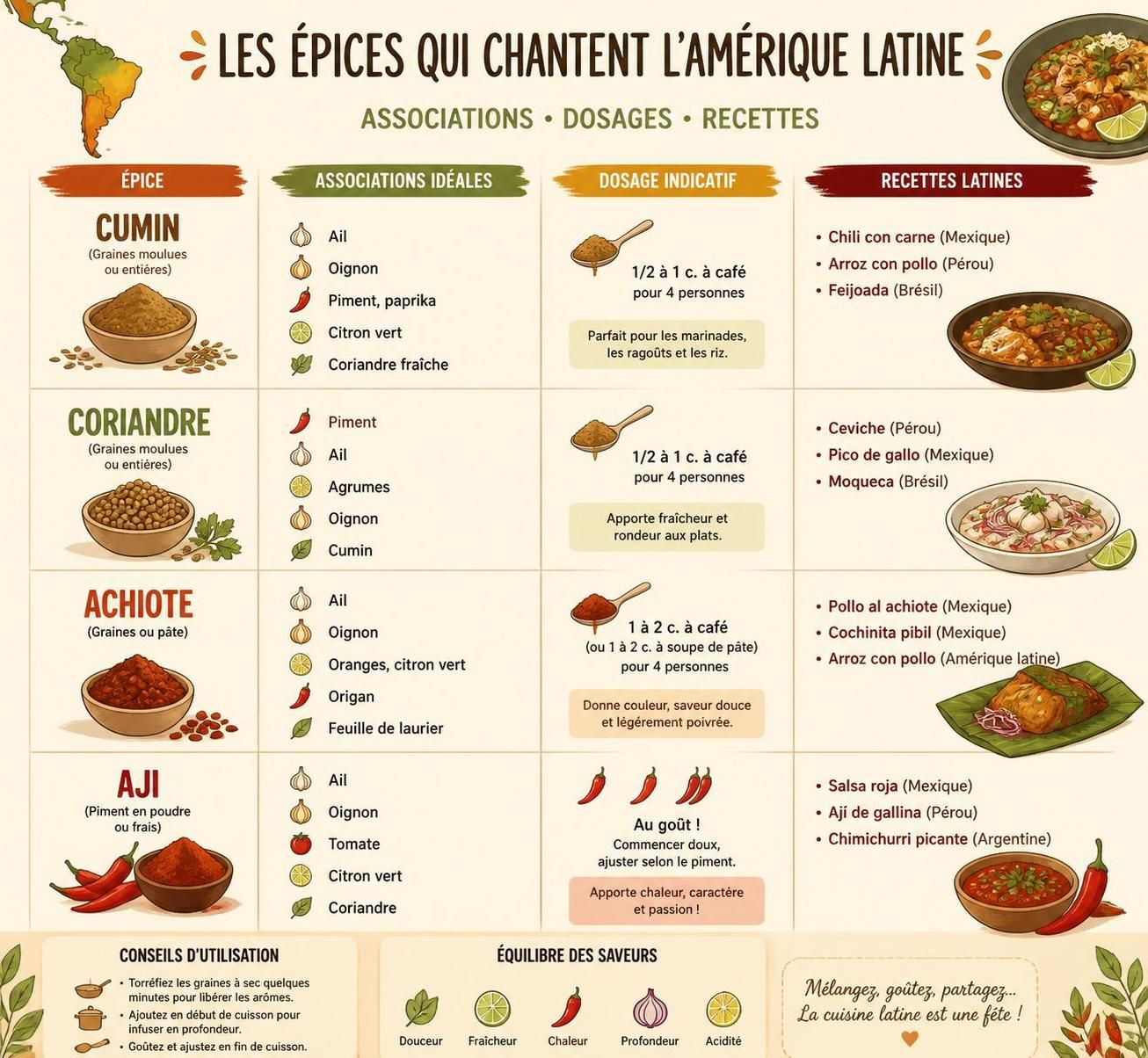 apprenez à doser parfaitement le cumin, la coriandre, l'ají et l'achiote pour relever vos plats sans les rendre trop épicés. découvrez nos astuces pour un équilibre parfait des saveurs.