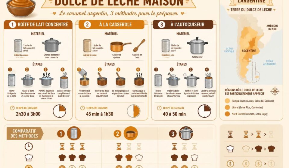 découvrez comment préparer un délicieux dulce de leche maison, le caramel argentin, grâce à trois méthodes simples : en boîte, à la casserole ou à l'autocuiseur. recettes faciles et gourmandes pour tous les goûts.