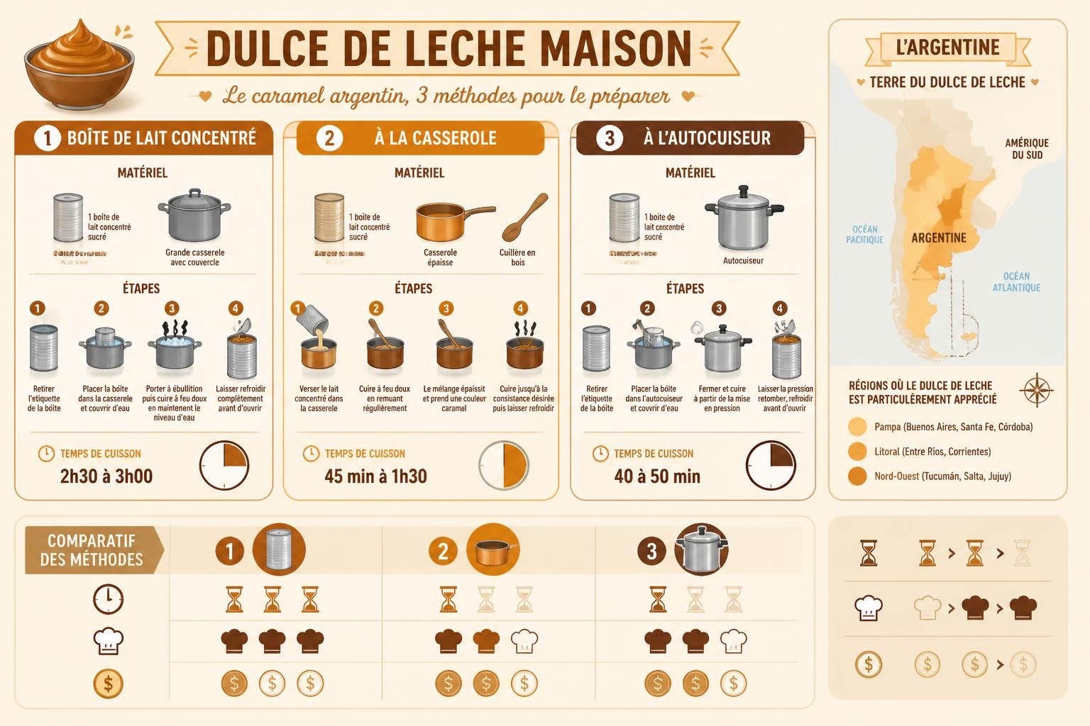 découvrez comment préparer un délicieux dulce de leche maison, le caramel argentin, grâce à trois méthodes simples : en boîte, à la casserole ou à l'autocuiseur. recettes faciles et gourmandes pour tous les goûts.