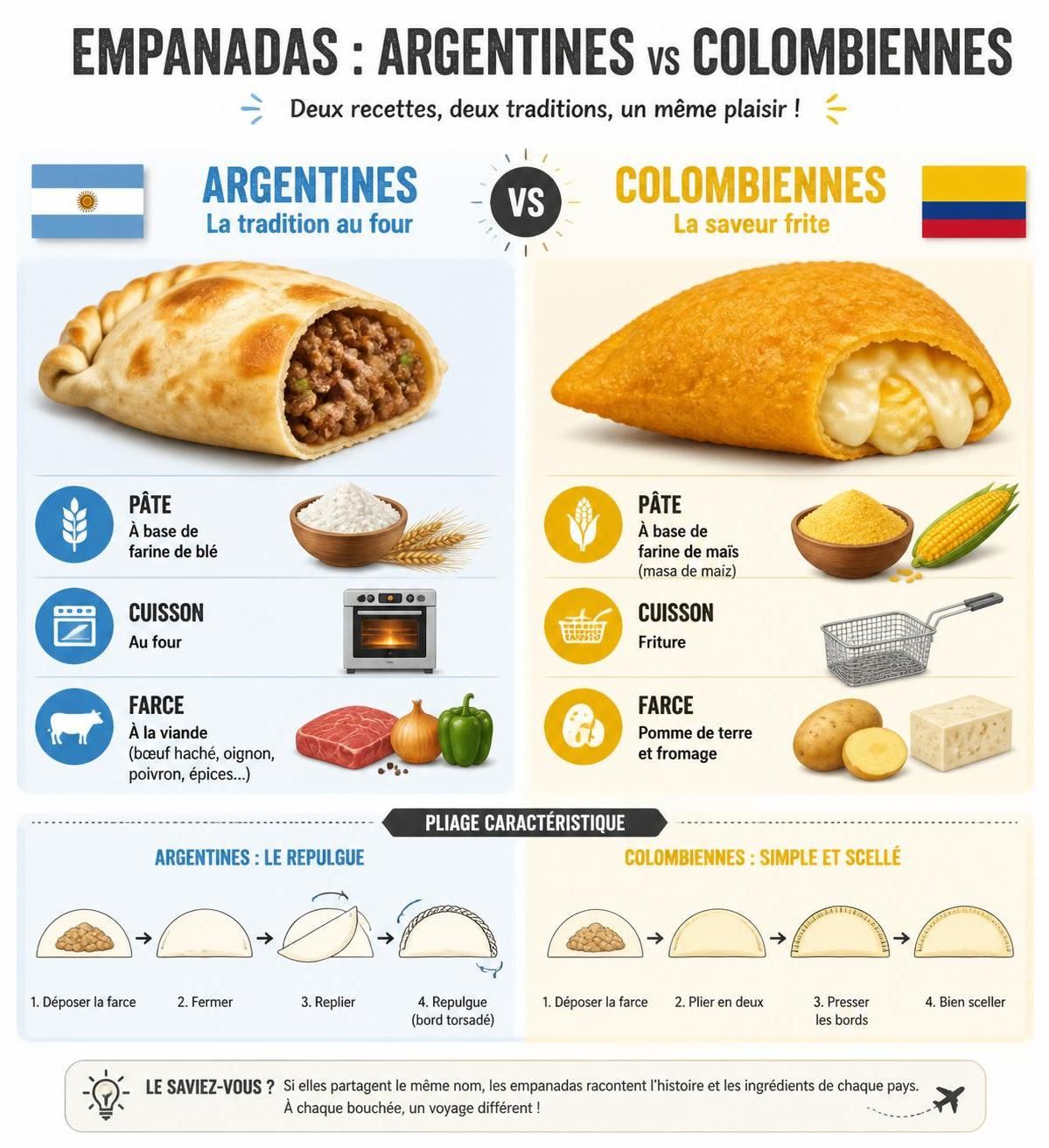 découvrez les empanadas argentines et colombiennes : deux recettes savoureuses, deux façons uniques de les farcir, une seule envie irrésistible de les déguster.