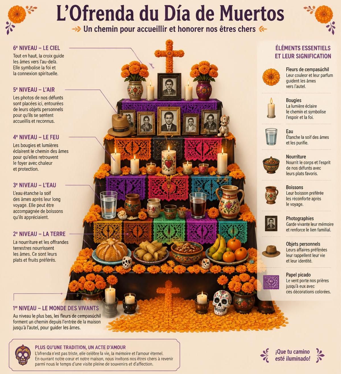 découvrez les plats traditionnels déposés sur l'offrenda lors de la fête des morts au mexique et plongez dans les saveurs authentiques du día de muertos.