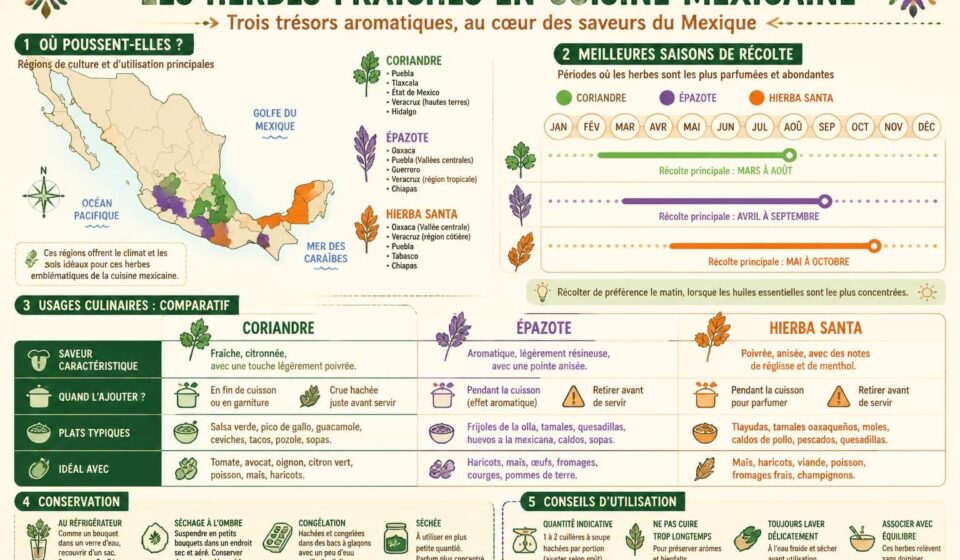 découvrez comment utiliser les herbes fraîches incontournables de la cuisine mexicaine – coriandre, épazote et hierba santa – pour sublimer vos plats avec des conseils sur le moment et la manière de les intégrer.