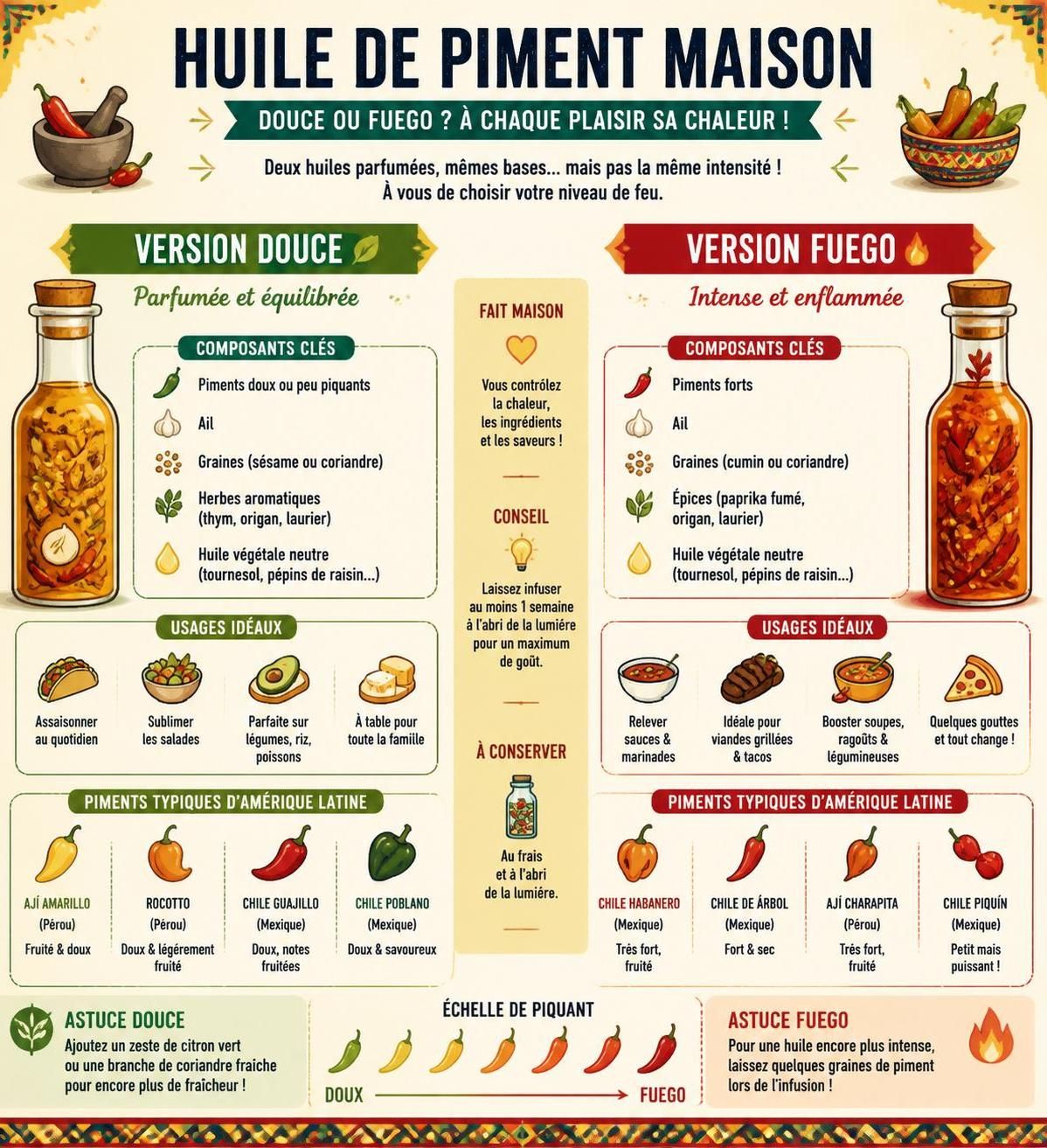 découvrez notre recette maison d'huile de piment à la mode latine, avec une version douce et une version fuego pour tous les palais.