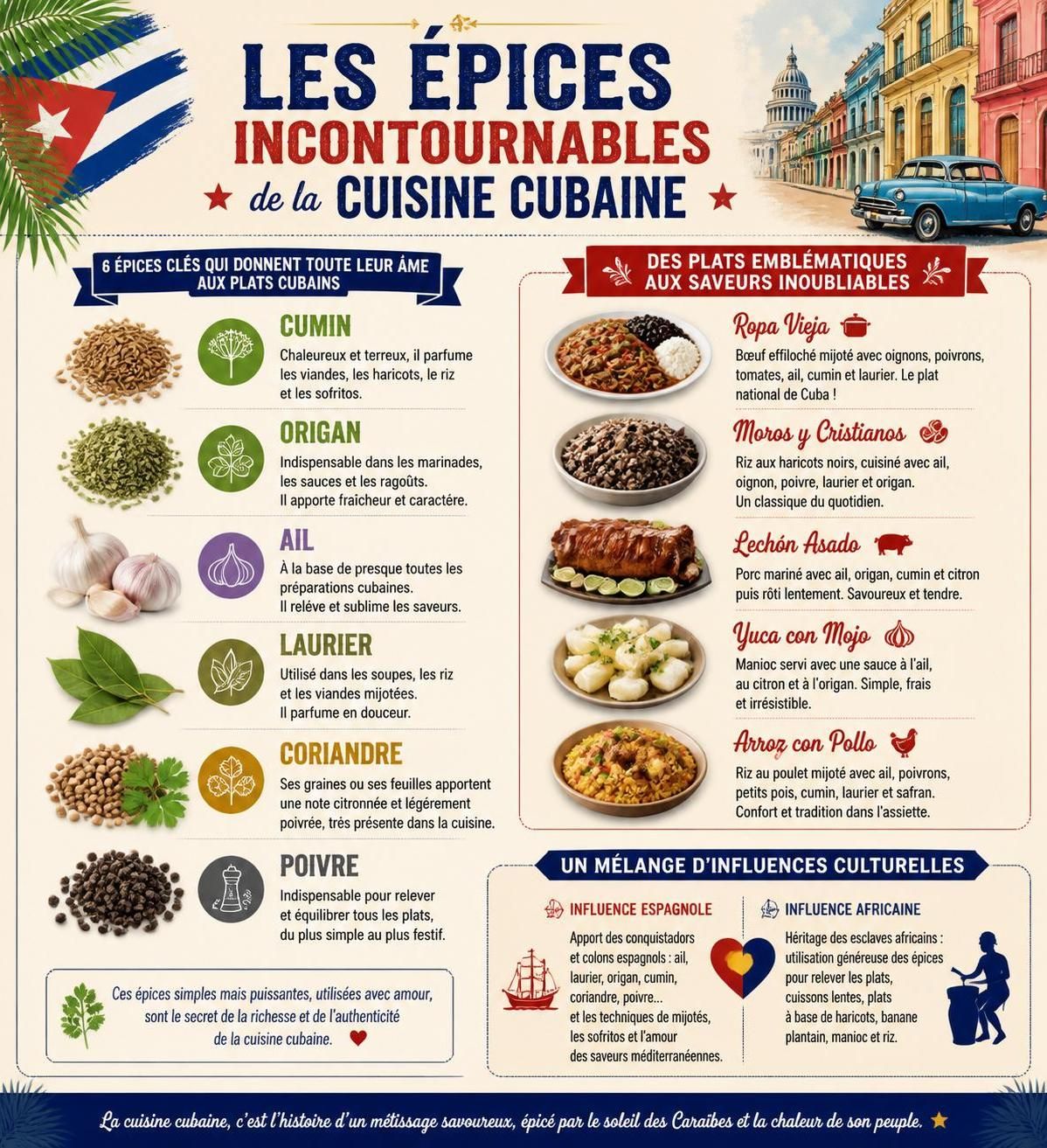 découvrez les épices essentielles de la cuisine cubaine : cumin, origan, ail, laurier et bien d'autres, les 6 piliers incontournables pour des saveurs authentiques et riches.