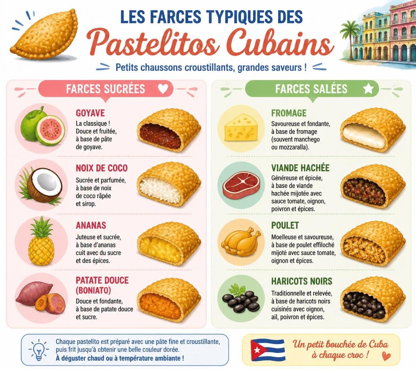 découvrez les pastelitos cubains, ces délicieux chaussons feuilletés typiques des friteries de la havane, alliant saveurs sucrées et salées pour un voyage gourmand à cuba.