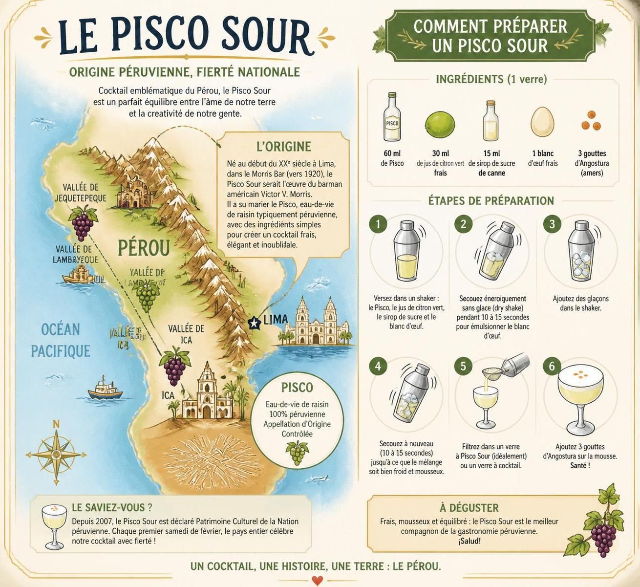 découvrez la recette officielle du pisco sour, le cocktail national du pérou, expliquée pas à pas pour réussir ce délicieux mélange rafraîchissant chez vous.