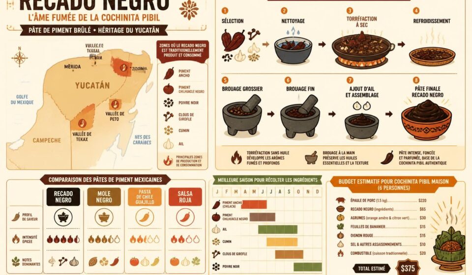 découvrez le recado negro, la pâte de piment brûlé traditionnelle du yucatan, idéale pour sublimer vos cochinita pibil maison avec ses saveurs authentiques et intenses.