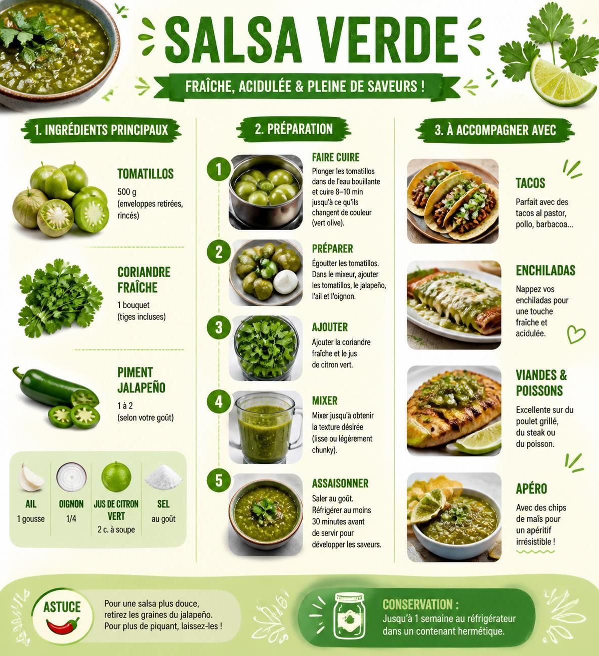 découvrez notre recette facile de salsa verde fraîche maison, prête en 15 minutes. l'indispensable pour sublimer vos plats latins avec authenticité et saveur.