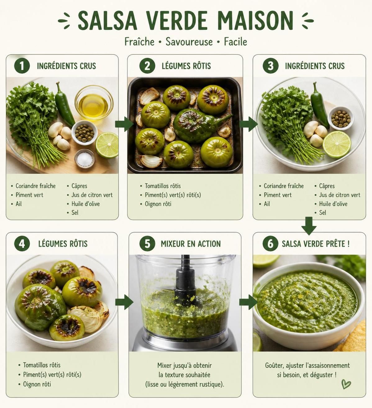 découvrez notre recette facile et rapide de salsa verde fraîche maison, prête en seulement 15 minutes, un incontournable pour rehausser toutes vos plats latins.