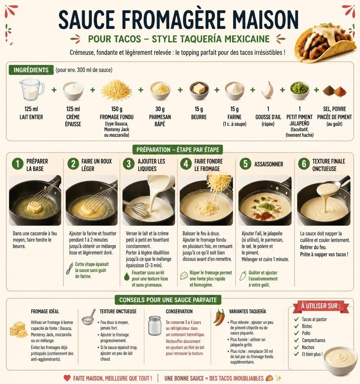 découvrez la recette authentique de la sauce fromagère pour tacos maison, inspirée des vraies taquerías mexicaines, pour sublimer vos plats et ravir vos papilles.