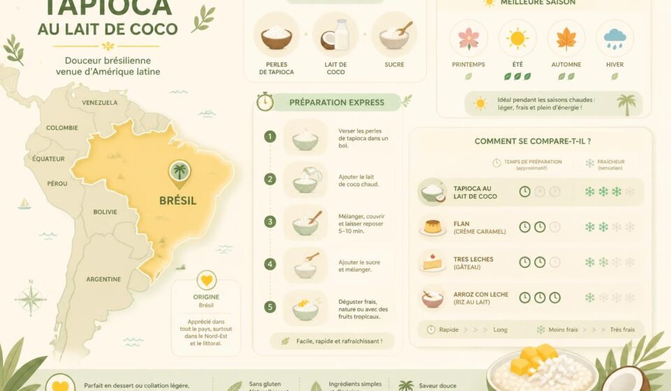 découvrez notre recette rapide de tapioca au lait de coco, un dessert brésilien gourmand parfait pour terminer un repas latino sur une note douce et exotique.