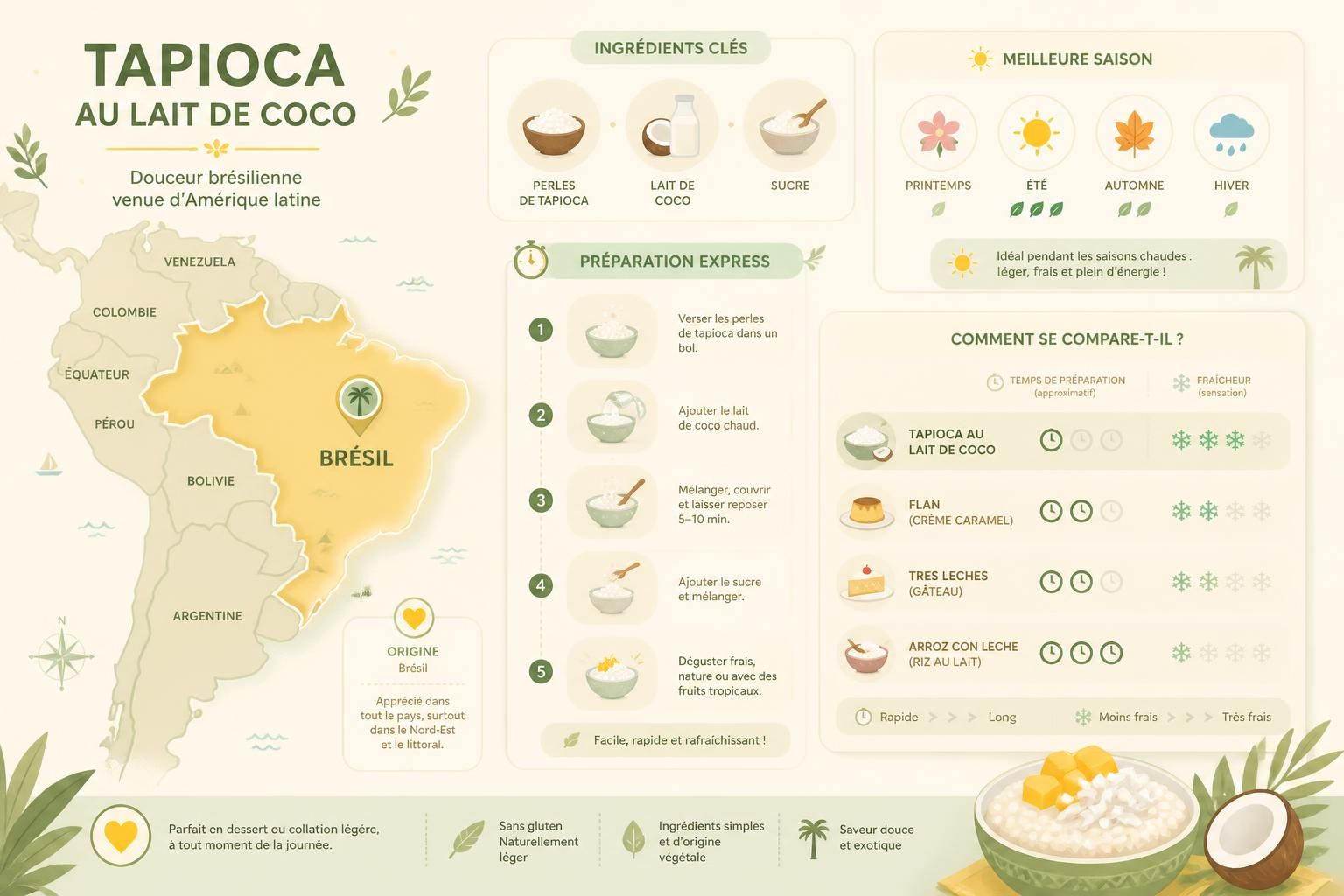 découvrez notre recette rapide de tapioca au lait de coco, un dessert brésilien gourmand parfait pour terminer un repas latino sur une note douce et exotique.