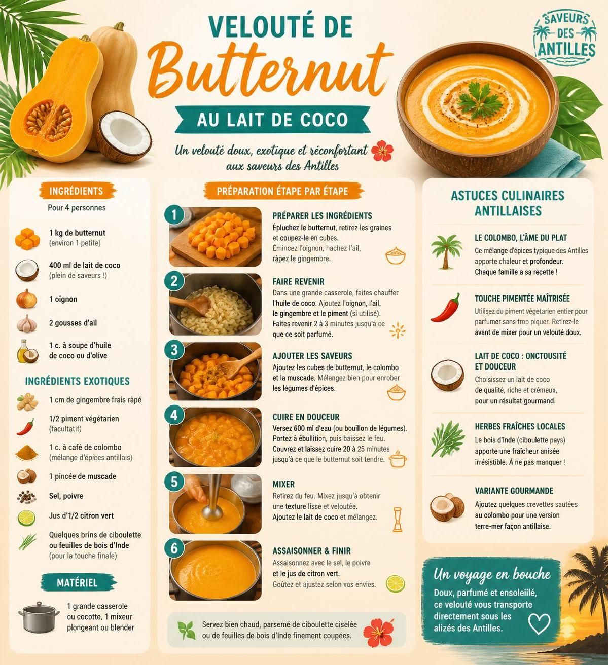 découvrez notre velouté de butternut au lait de coco, une soupe créole onctueuse et réconfortante parfaite pour réchauffer vos soirées d'hiver.
