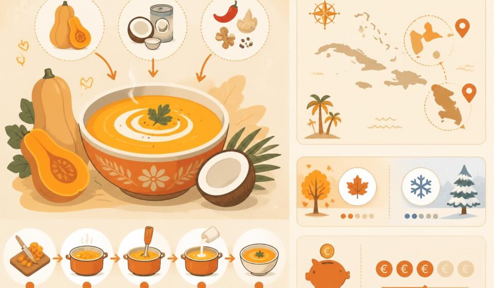 découvrez notre velouté de butternut au lait de coco, une soupe créole onctueuse et réconfortante, parfaite pour réchauffer vos soirées d'hiver.