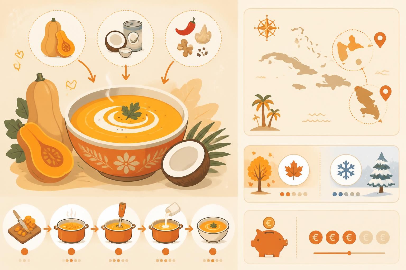 découvrez notre velouté de butternut au lait de coco, une soupe créole onctueuse et réconfortante, parfaite pour réchauffer vos soirées d'hiver.