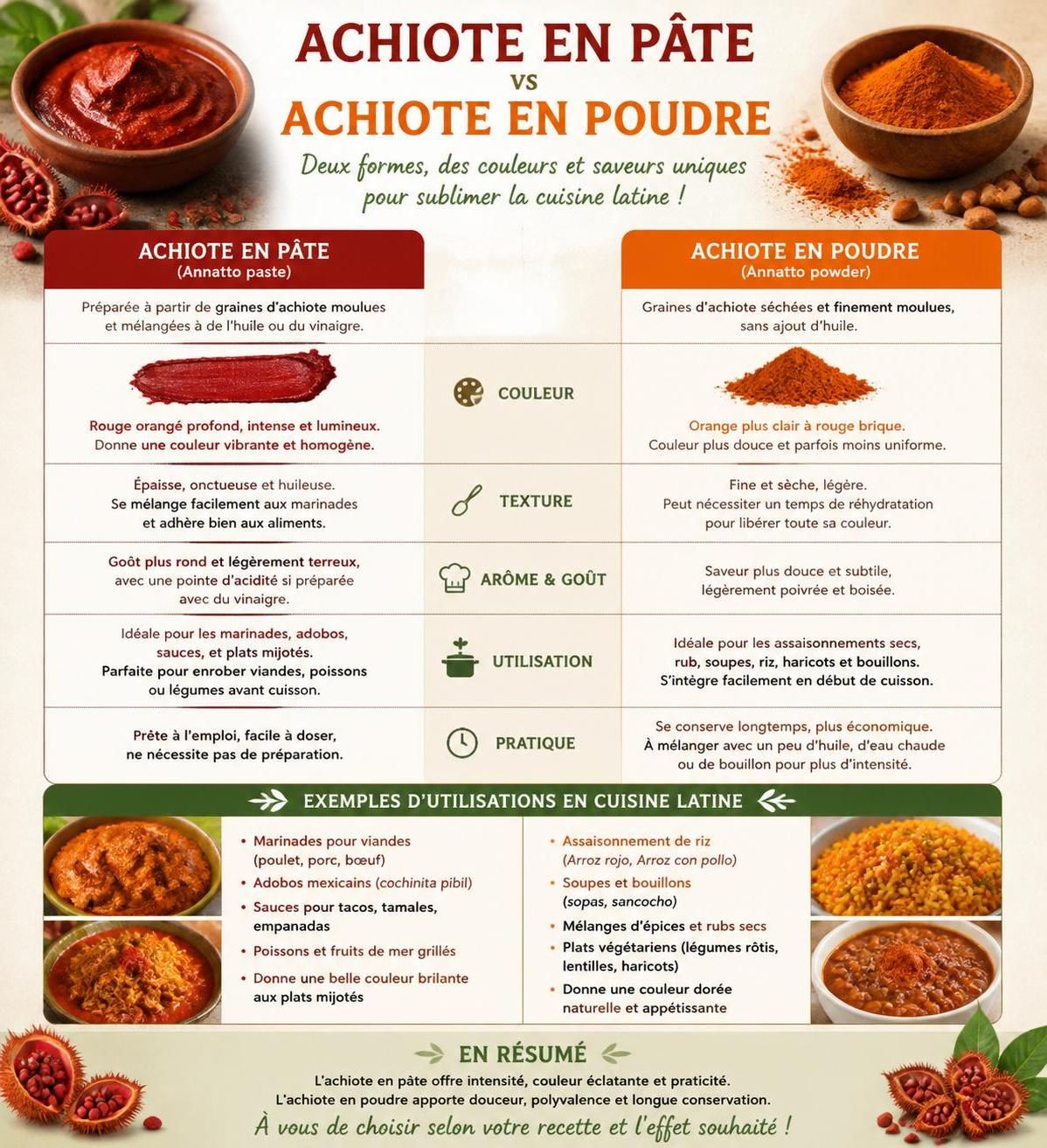 découvrez les différences entre l'achiote en pâte et en poudre, leur impact sur vos recettes, ainsi que des astuces pour les substituer facilement.