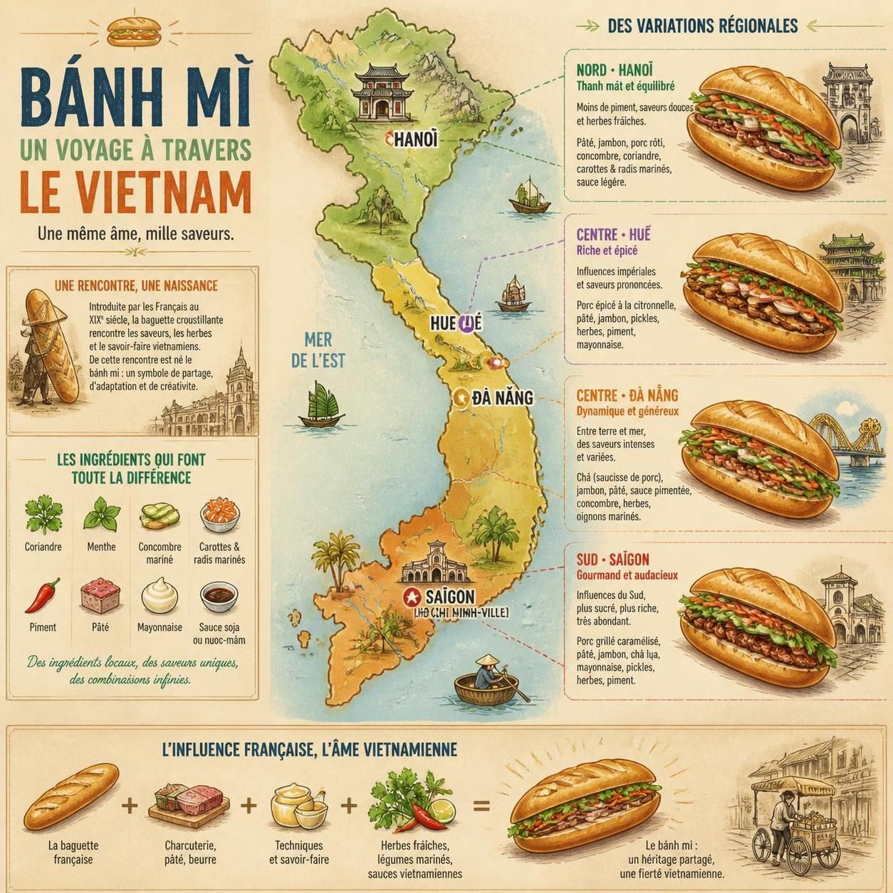découvrez l'histoire fascinante du bánh mì, ce sandwich vietnamien emblématique, et apprenez à préparer cette délicieuse fusion culinaire mêlant traditions vietnamiennes et influences françaises.