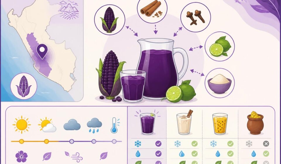 découvrez la chicha morada péruvienne, une boisson traditionnelle violette à base de maïs, naturellement rafraîchissante et sans alcool, idéale pour toutes les occasions.