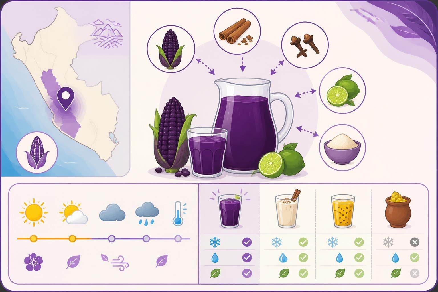 découvrez la chicha morada péruvienne, une boisson traditionnelle violette à base de maïs, naturellement rafraîchissante et sans alcool, idéale pour toutes les occasions.