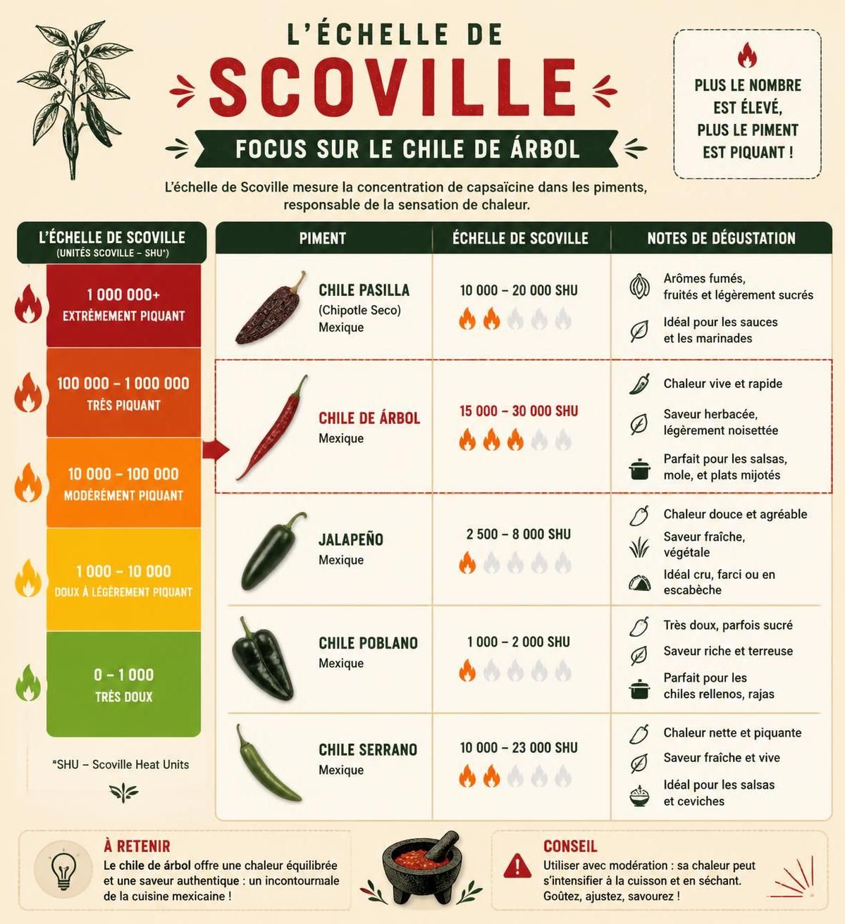 découvrez le chile de árbol, le petit piment rouge mexicain qui apporte une chaleur intense aux salsas et relève délicieusement toutes vos soupes.
