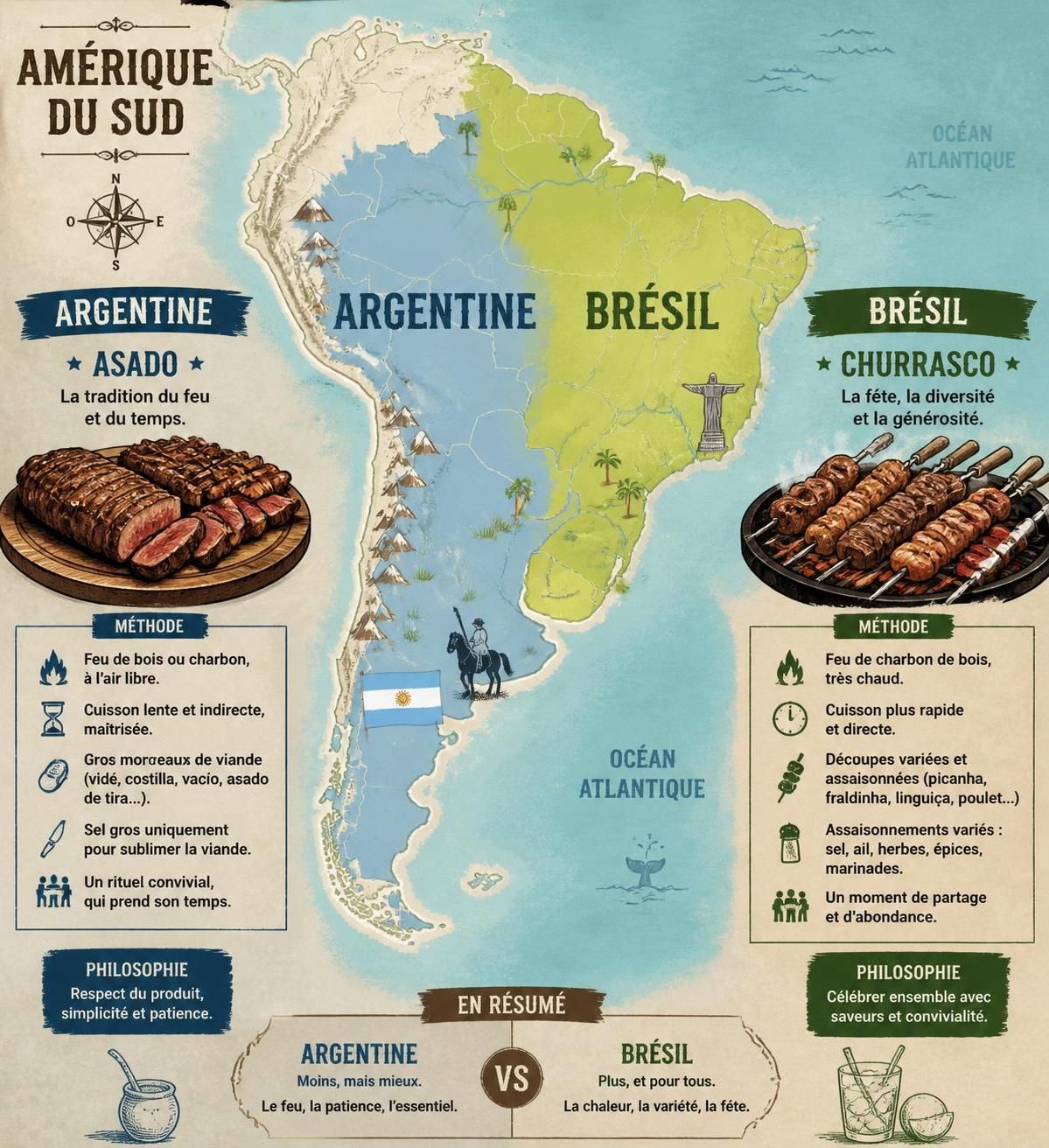 découvrez les différences entre le churrasco argentin et le barbecue brésilien : deux styles uniques de cuisson au feu, avec des philosophies et des techniques de découpe distinctes.