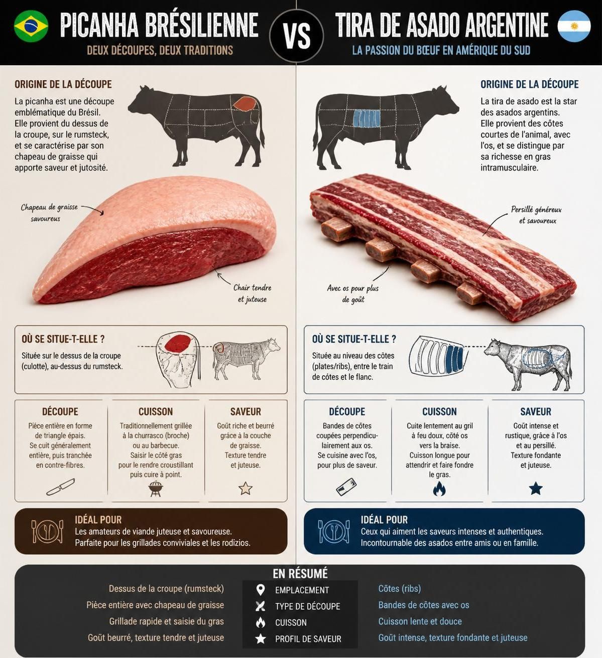 découvrez les différences entre le churrasco argentin et le barbecue brésilien : même passion pour le feu, mais deux philosophies distinctes et des techniques de découpe uniques.
