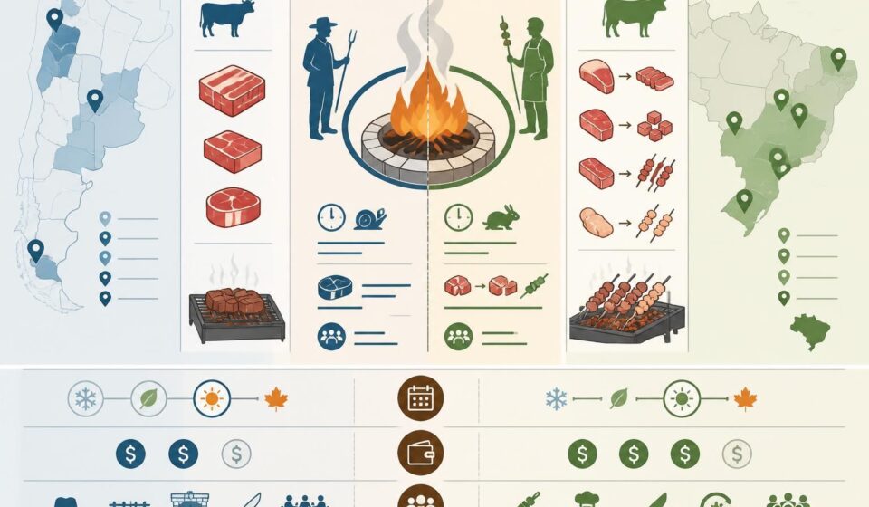 découvrez les différences entre le churrasco argentin et le barbecue brésilien : même feu, mais deux philosophies uniques et deux manières distinctes de découper la viande.