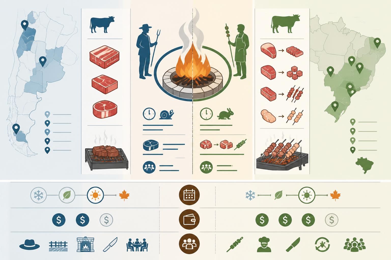 découvrez les différences entre le churrasco argentin et le barbecue brésilien : même feu, mais deux philosophies uniques et deux manières distinctes de découper la viande.