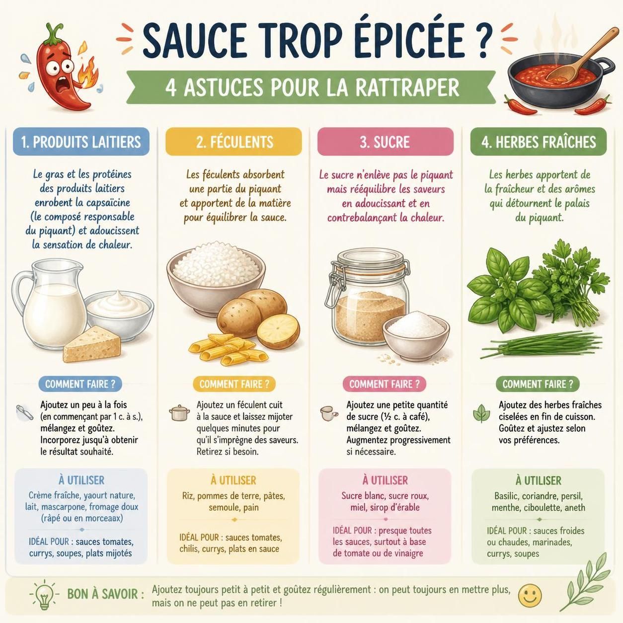 découvrez 5 techniques efficaces pour réduire le piquant dans vos plats et rattraper une sauce trop épicée. apprenez à équilibrer les saveurs pour un repas savoureux et harmonieux.