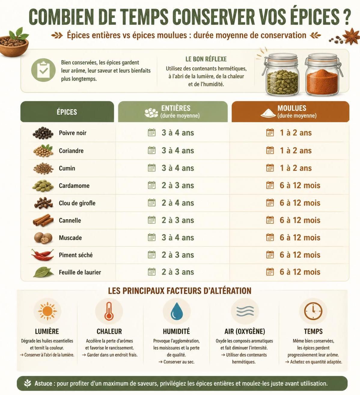 découvrez comment conserver vos épices correctement : durée de vie réelle, choix des contenants, température idéale et les erreurs à éviter pour préserver saveur et fraîcheur.