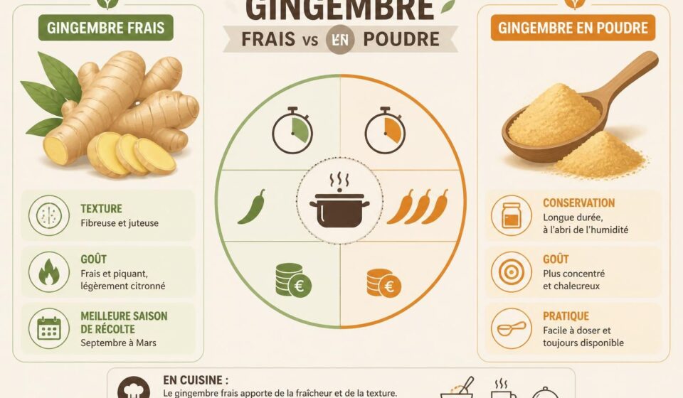 découvrez les différences entre le gingembre frais et le gingembre en poudre, et comment chacun influence le goût et la texture de vos plats pour mieux choisir l'ingrédient adapté à vos recettes.