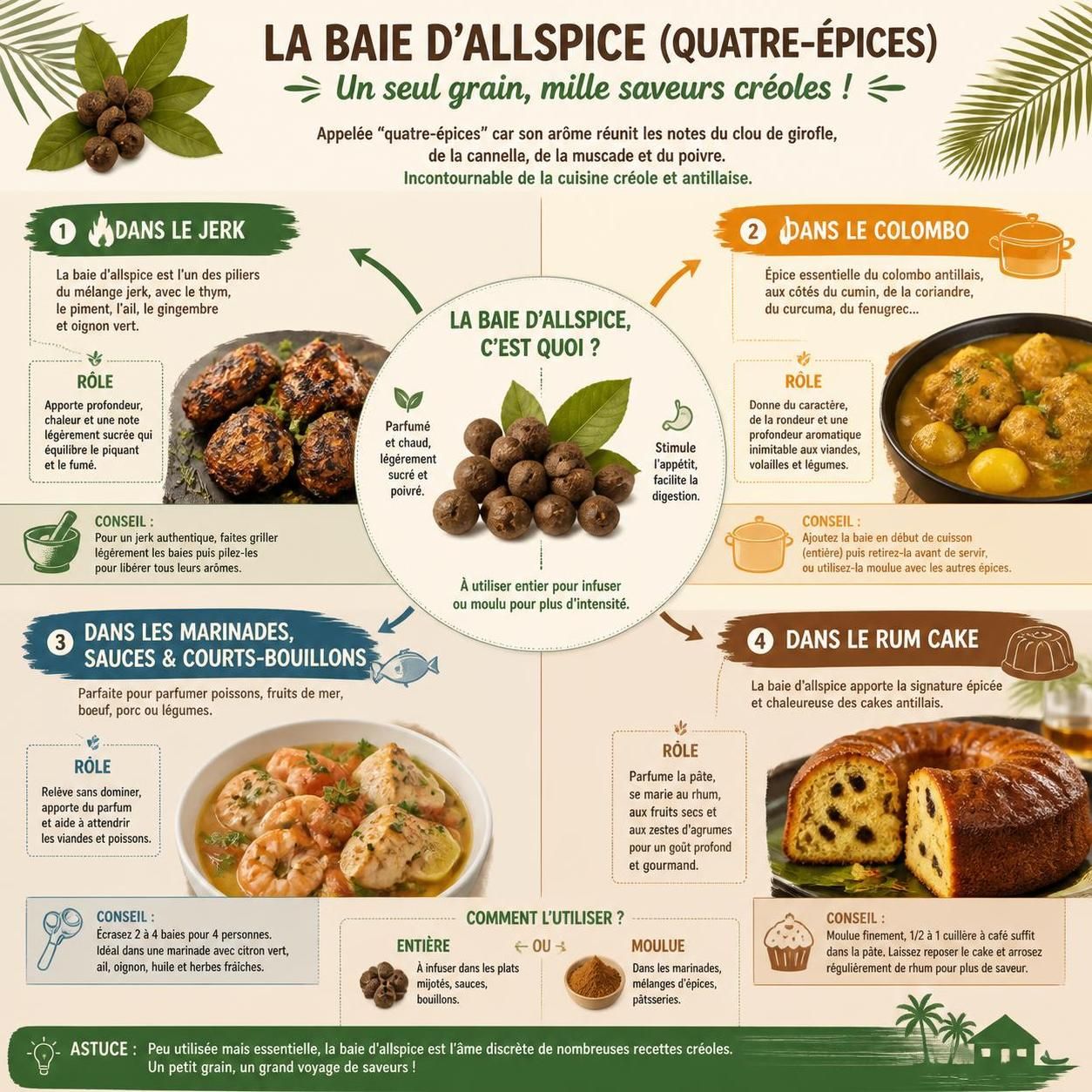 découvrez l'allspice, ou quatre-épices, une baie aromatique essentielle qui relÚve à merveille le goût du rum cake, du jerk et du colombo pour des saveurs authentiques et exotiques.