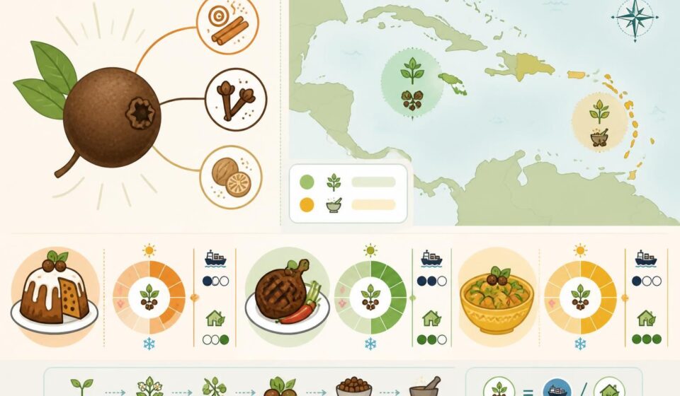 découvrez l'allspice, aussi appelé quatre-épices, une baie aromatique essentielle qui sublime le rum cake, le jerk jamaïcain et le colombo antillais avec ses saveurs uniques.