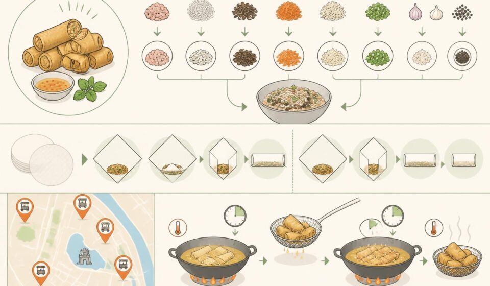 découvrez la recette authentique des nems vietnamiens croustillants avec une farce savoureuse, un pliage traditionnel et une double friture pour un résultat parfait, comme les célèbres vendeurs de rue de hanoï.