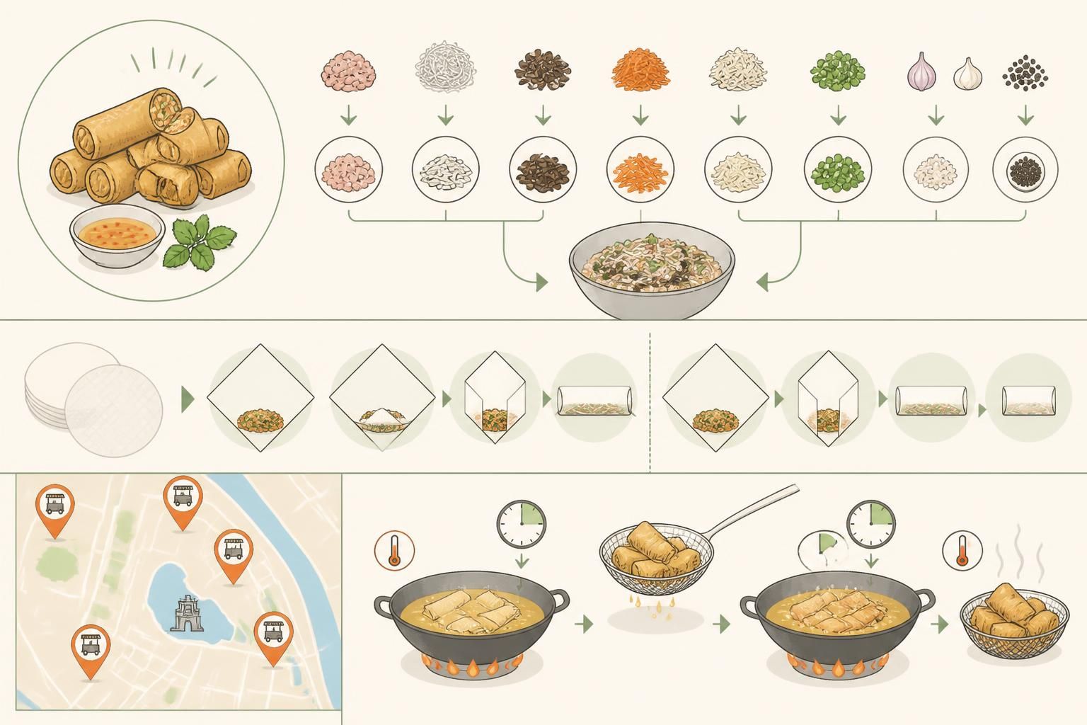 découvrez la recette authentique des nems vietnamiens croustillants avec une farce savoureuse, un pliage traditionnel et une double friture pour un résultat parfait, comme les célèbres vendeurs de rue de hanoï.